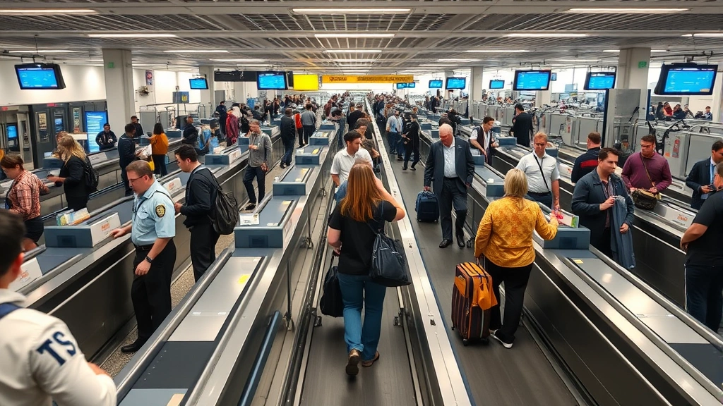 Busy airport security checkpoint with multiple TSA agents screening passengers, modern conveyor belts, travelers placing bags on scanners, professional security environment, no people's faces visible, realistic lighting and airport atmosphere
