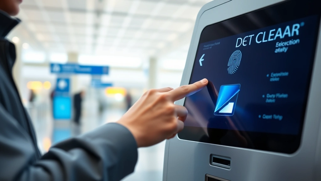 Person using biometric fingerprint scanner at CLEAR kiosk in airport terminal, modern technology interface, clean airport environment, professional setting, close-up of hand on scanner, no identifying features visible