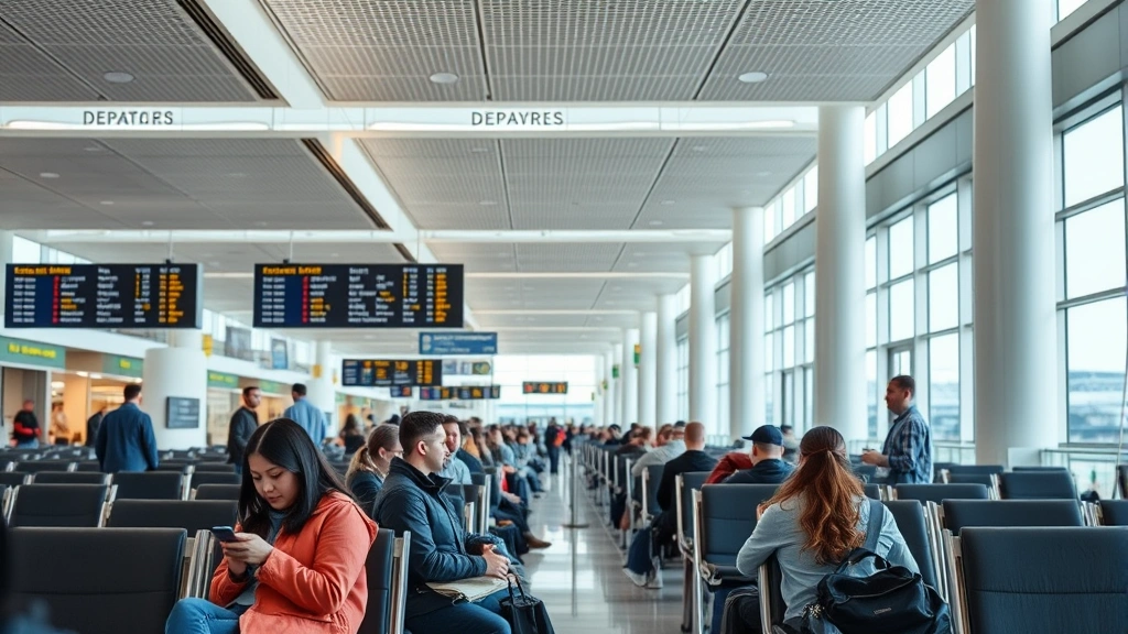 Airport terminal gate area with departure boards, comfortable seating, modern architecture, natural lighting, travelers checking mobile phones and boarding passes, peaceful pre-flight atmosphere, no identifiable individuals