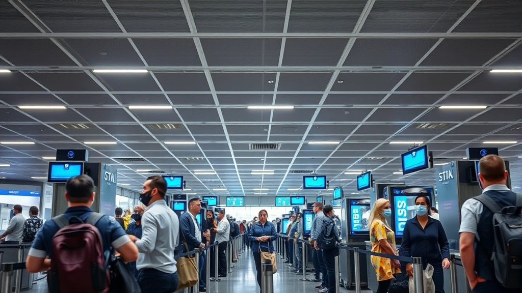 Modern airport security checkpoint with TSA agents screening passengers at multiple lanes, professional lighting, busy but organized atmosphere, no text visible