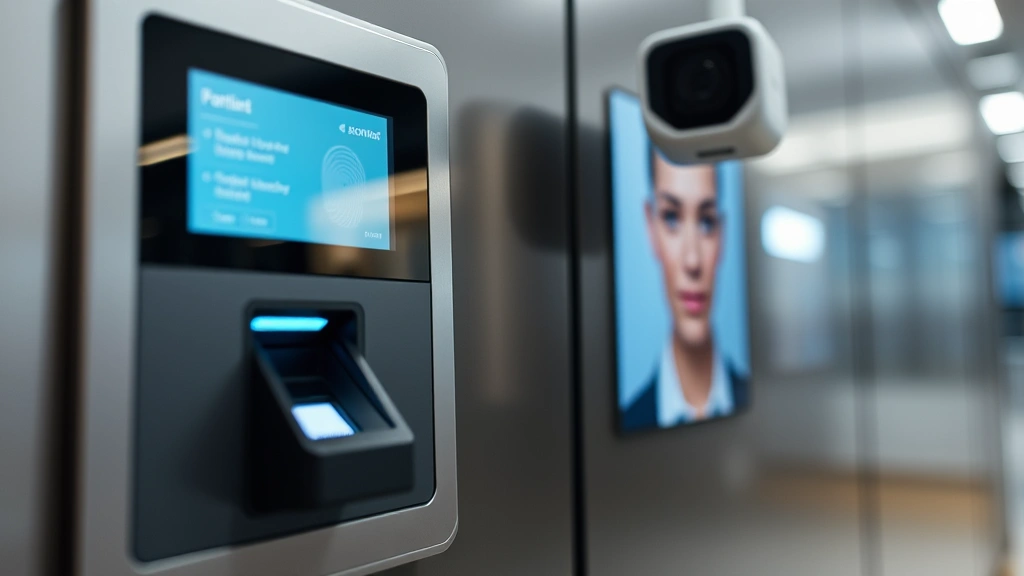Close-up of biometric scanning technology including fingerprint reader and facial recognition camera, sleek modern security equipment, professional setting, no screen displays or text