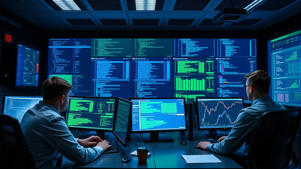 Cybersecurity operations center with security professionals monitoring multiple systems, blue and green data visualization, team collaboration environment, no visible code or terminal windows