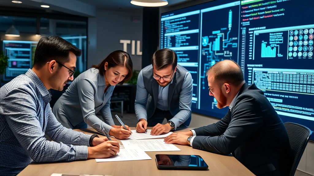 Business team collaborating on security protocols around digital infrastructure, reviewing risk assessments and protection strategies together