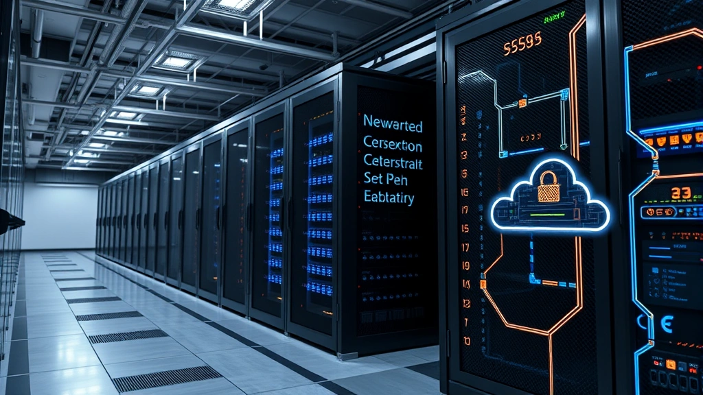 Advanced data center with encrypted cloud storage systems and security infrastructure protecting critical digital assets and information