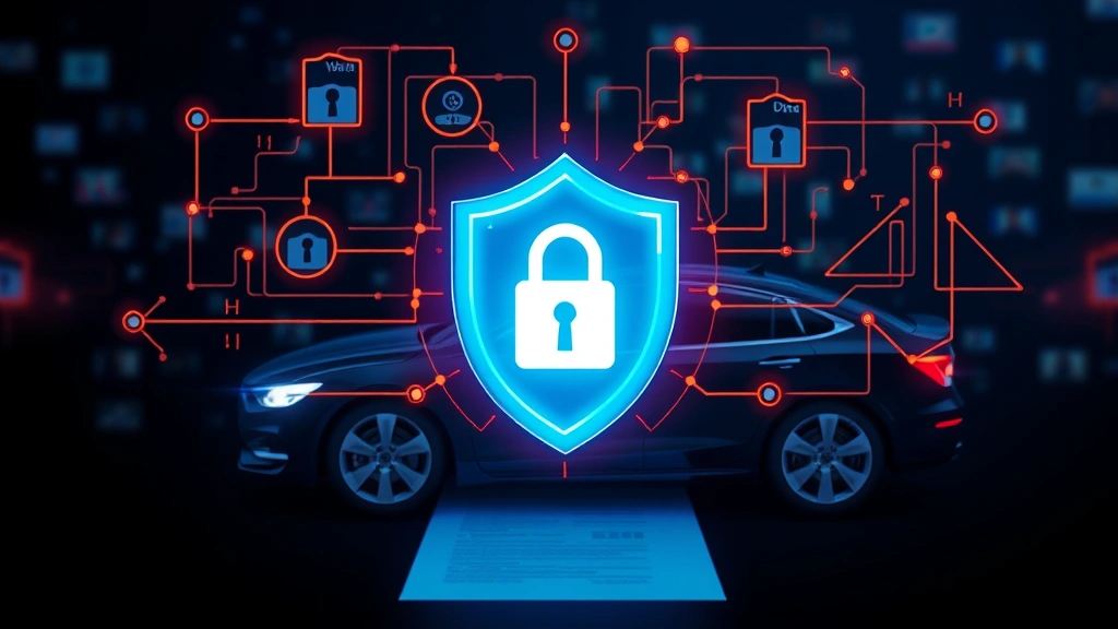 Secure data protection concept showing digital lock symbols and protective shield over vehicle service documentation, cybersecurity visualization, professional graphics