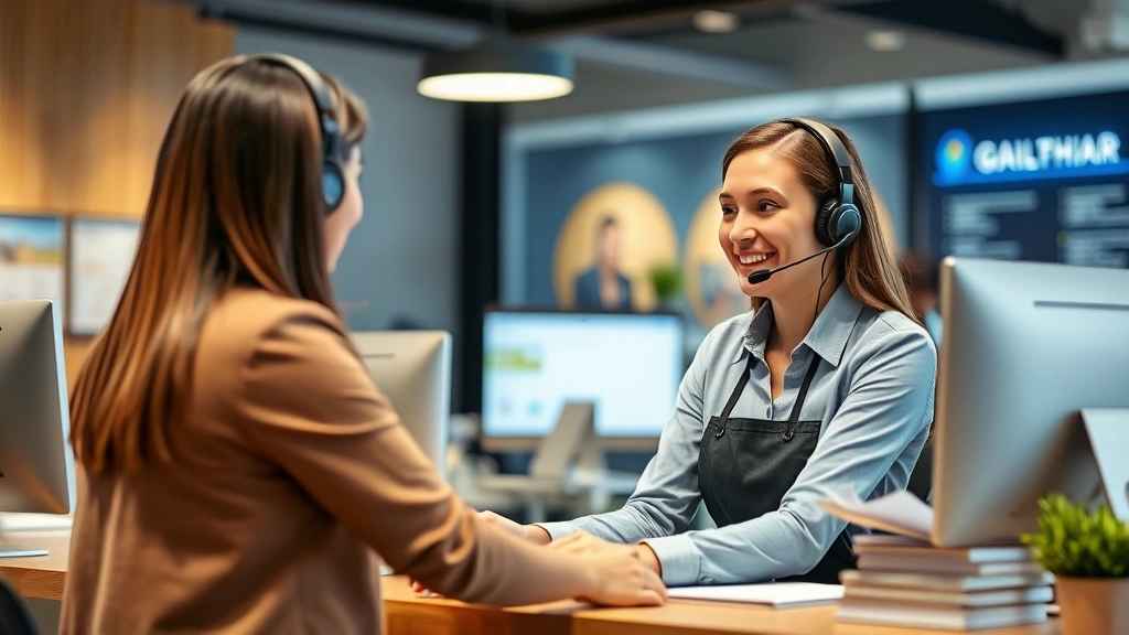 Customer service representative at desk wearing headset assisting client, friendly professional environment, paperwork and computer screens, helpful interaction captured