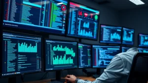 Cybersecurity analyst monitoring network traffic on multiple screens showing real-time threat detection dashboard with threat indicators, no text visible, professional security operations center environment with blue and green data visualizations