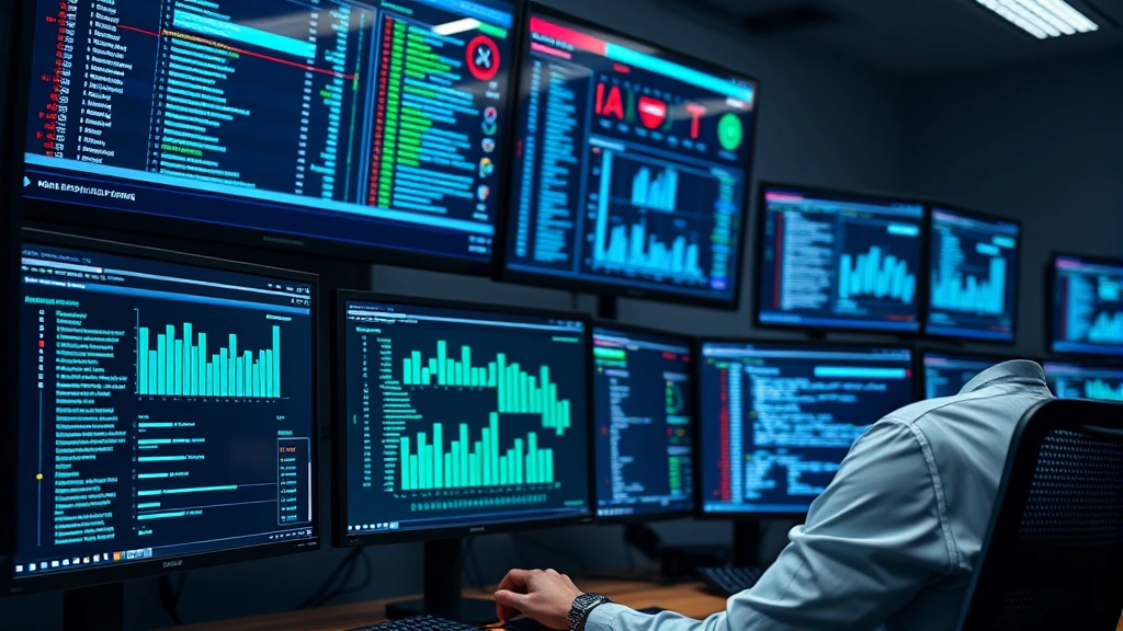 Cybersecurity analyst monitoring network traffic on multiple screens showing real-time threat detection dashboard with threat indicators, no text visible, professional security operations center environment with blue and green data visualizations