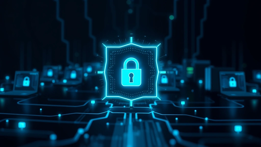 Digital lock and shield symbols protecting networked devices in abstract visualization, glowing security barriers around connected computers and servers, dark background with blue/green protective light effects, no code or text