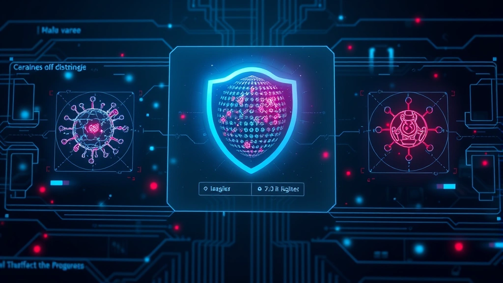 Futuristic cybersecurity threat detection interface showing malware analysis in progress, abstract threat particles being contained and analyzed, holographic security visualization with protective barriers, professional technical aesthetic without visible text