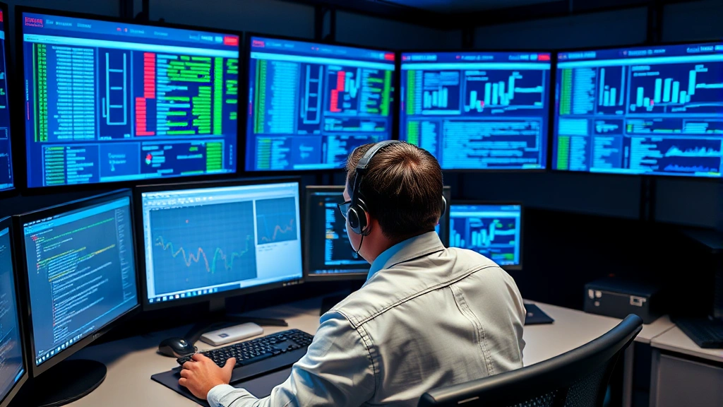 Cybersecurity professional analyzing network traffic on multiple monitors in a modern security operations center with blue digital displays showing threat detection dashboards
