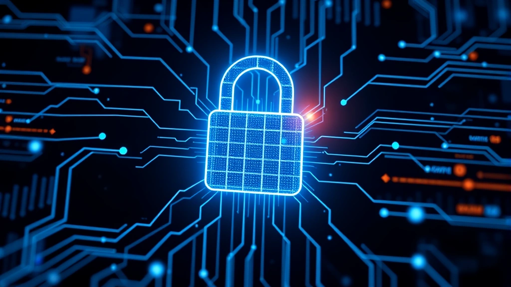 Padlock symbol merged with digital network nodes and flowing data streams representing data encryption and secure telecommunications infrastructure