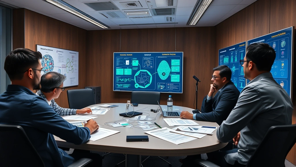 Team of security experts in a conference room reviewing incident response plans with network diagrams and security assessments on display boards