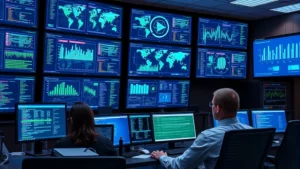 Professional network security operations center with multiple large display screens showing real-time threat monitoring dashboards, cybersecurity analysts working at stations, blue and green data visualization displays, modern control room environment with ambient lighting, serious focused technicians managing network infrastructure