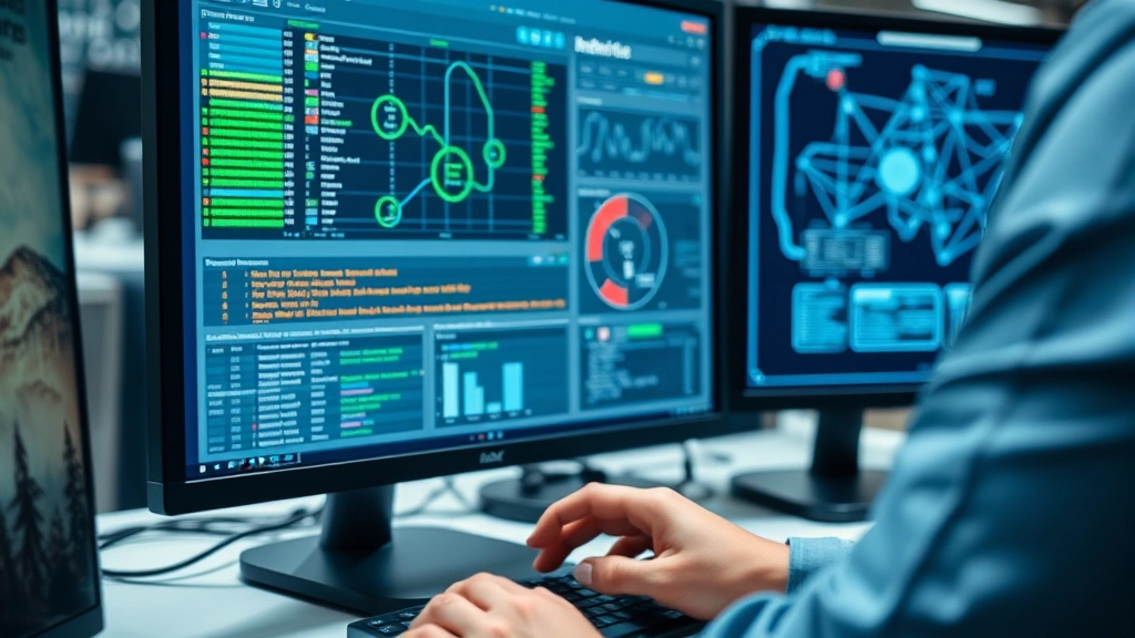 Close-up of cybersecurity professional examining network traffic analysis on computer monitor, showing network diagram visualization, threat indicators being reviewed, modern office setting with technical equipment, hands near keyboard, professional business casual attire, concentrated work environment