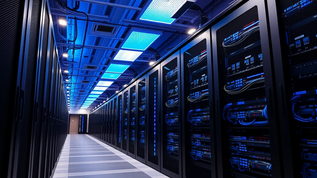 Data center facility with rows of secure server racks, blue LED lighting, network cables organized in cable management systems, security monitoring equipment, professional infrastructure environment, temperature and access control systems visible, high-tech secure facility appearance