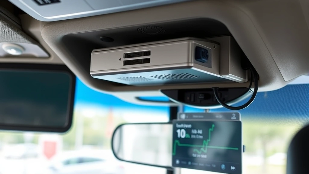 Close-up of modern vehicle telematics hardware mounted in shuttle dashboard, showing GPS receiver, cellular modem, and encrypted communication equipment. Dashboard displays real-time location tracking interface with route information and passenger count.