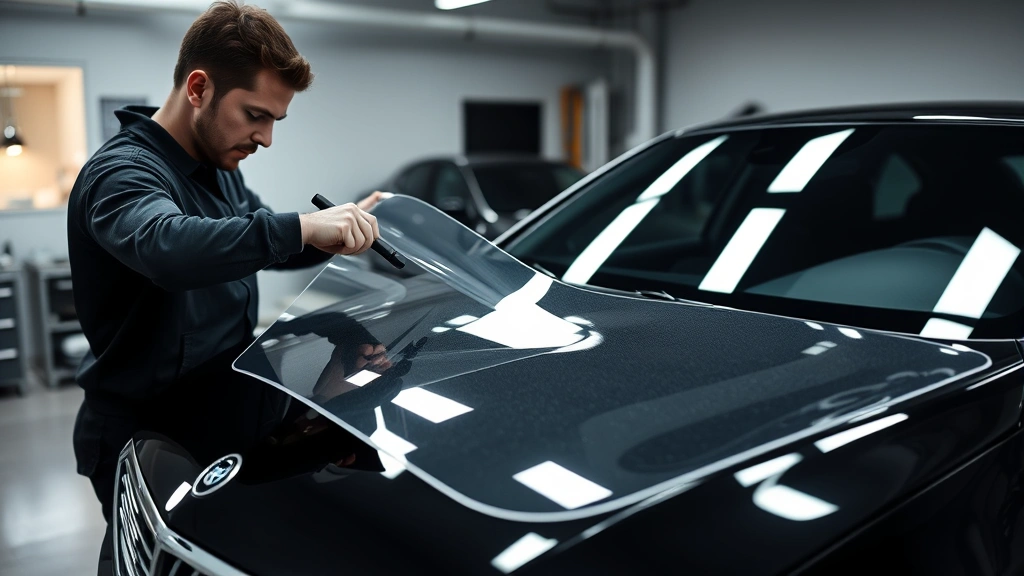 Professional detailer applying transparent protective film to luxury sedan hood, showing precision application technique with squeegee tool, automotive workshop setting with soft lighting