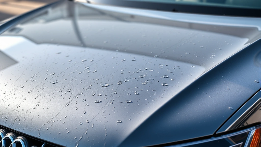 Modern Audi vehicle displaying pristine glossy finish with water beading on ceramic-coated surface, showcasing hydrophobic properties and reflection clarity in natural daylight