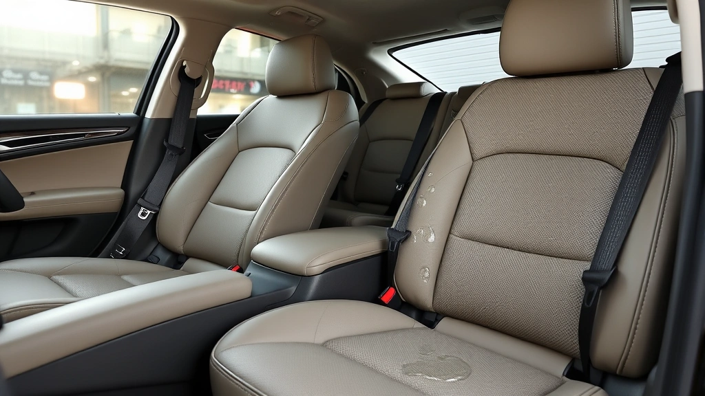 Luxury vehicle interior with protected leather seats and fabric upholstery showing water droplet resistance, demonstrating stain prevention without visible coating appearance