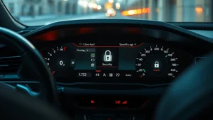 Photorealistic image of modern Audi vehicle interior dashboard with illuminated digital display showing security status indicators and encryption symbols, representing automotive cybersecurity protection systems in action