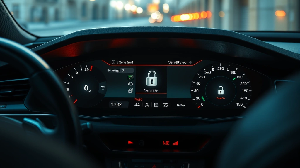 Photorealistic image of modern Audi vehicle interior dashboard with illuminated digital display showing security status indicators and encryption symbols, representing automotive cybersecurity protection systems in action