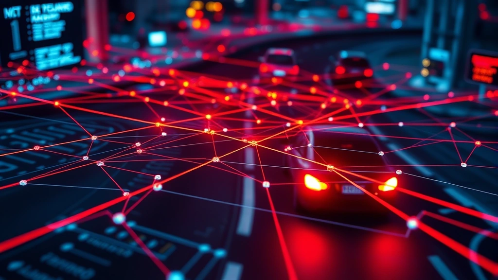 Realistic photograph of network traffic visualization on vehicle security monitoring system, showing interconnected nodes and data flow patterns, representing threat detection and vehicle system monitoring capabilities