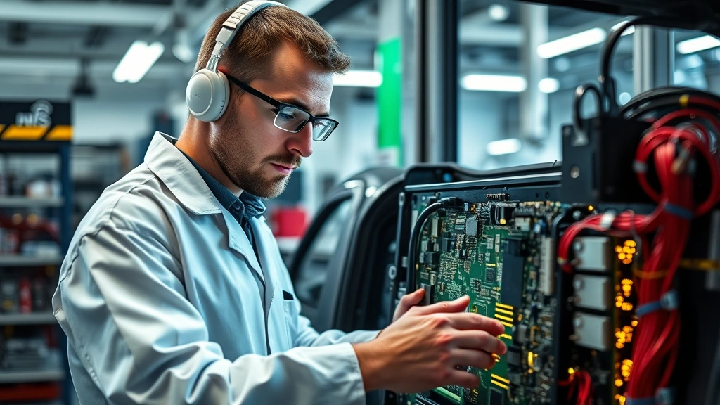Photorealistic image of automotive engineer examining advanced security hardware components and circuit boards in laboratory setting, representing hardware-level security foundations and cryptographic protection in vehicle electronics