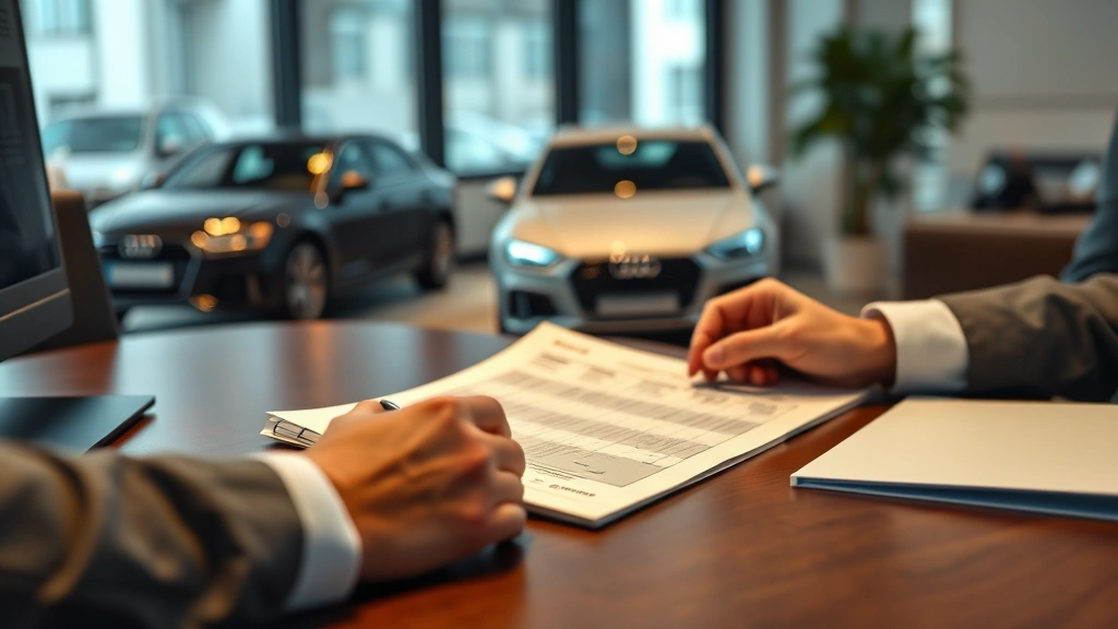 Insurance agent reviewing vehicle protection documents at desk with Audi vehicle model visible, professional office environment, warm lighting, photorealistic, no visible text on documents