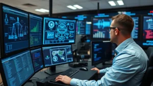Professional IT security specialist conducting digital forensics on multiple computer monitors displaying network diagrams and security dashboards in a modern corporate security operations center