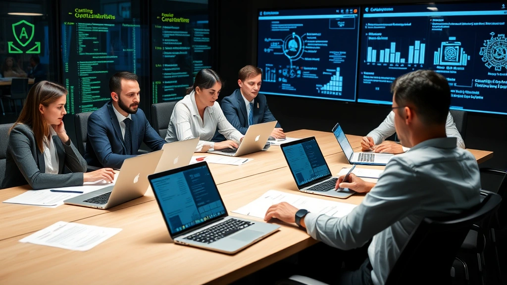 Team of cybersecurity auditors reviewing compliance documentation and security policies at a conference table with laptops and security frameworks visible