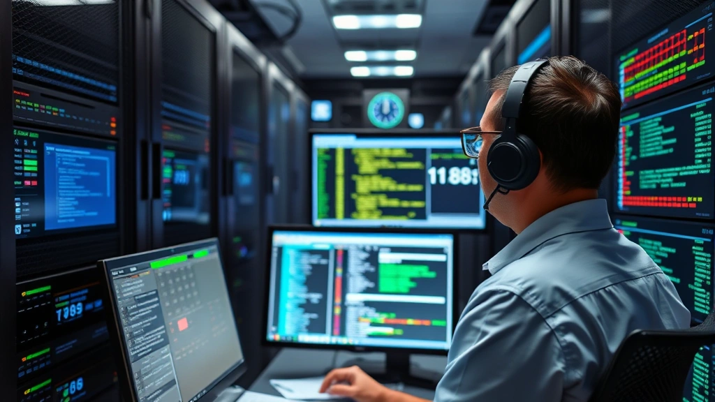 Network security professional examining server infrastructure in a data center while monitoring real-time security alerts and vulnerability scan results on screens