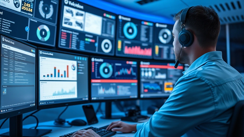 Digital security professional monitoring multiple dashboard screens displaying real-time audit log data and security alerts in a modern control center, with soft blue lighting and professional workstations