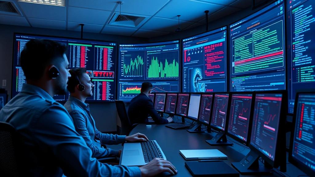 Sophisticated cybersecurity operations center with analysts reviewing immutable audit logs on large wall-mounted displays, featuring data visualization of system activity patterns and threat detection