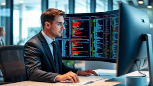 Professional cybersecurity auditor in business attire carefully examining network infrastructure diagrams and security logs on a computer workstation in a modern corporate office environment, focused expression showing careful analysis