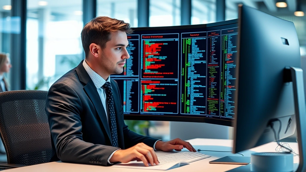 Professional cybersecurity auditor in business attire carefully examining network infrastructure diagrams and security logs on a computer workstation in a modern corporate office environment, focused expression showing careful analysis