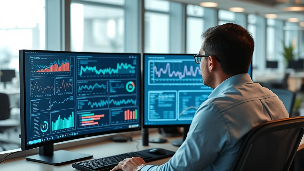 Security audit assessment in progress with professional analyst reviewing digital threat data and security metrics on multiple high-resolution monitors displaying graphs and analytics dashboards in a contemporary office setting
