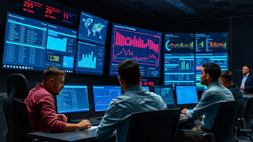Cybersecurity team members collaborating in a secure operations center reviewing security audit findings and compliance metrics on large display screens showing real-time security posture data and remediation tracking