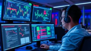 Professional security analyst monitoring multiple computer screens displaying network traffic patterns and threat alerts in a modern office environment with blue ambient lighting