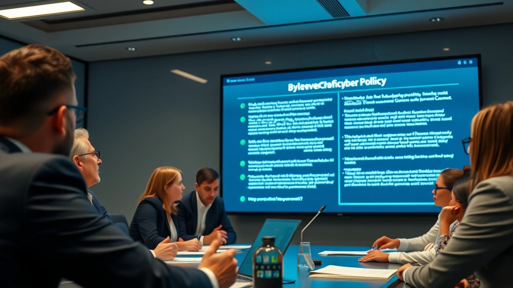 Close-up of business professionals in a corporate training session reviewing cybersecurity policies on a large display screen with focus on document review and discussion