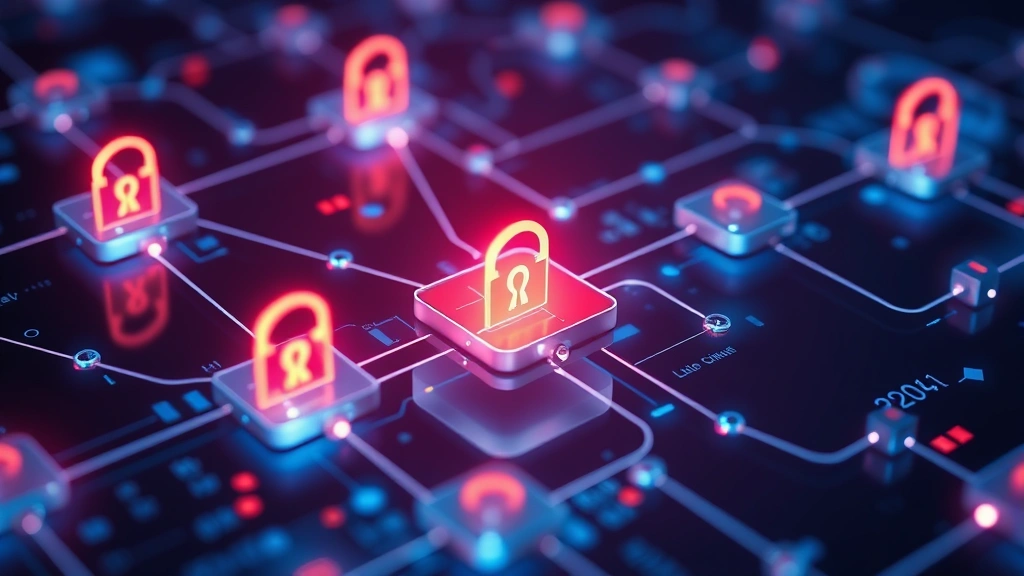 Digital illustration of a secure network infrastructure with interconnected nodes, firewalls, and protective barriers protecting sensitive data represented by glowing elements
