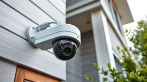 Professional home security camera mounted on modern house exterior, showing sleek design with LED indicators, photorealistic daytime setting with clear focus on device hardware