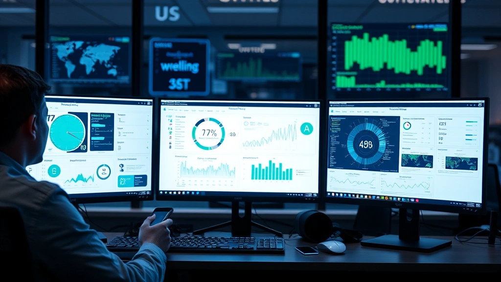 Cybersecurity analyst monitoring multiple screens displaying network security dashboards and threat detection systems, blue and green data visualizations, professional office environment