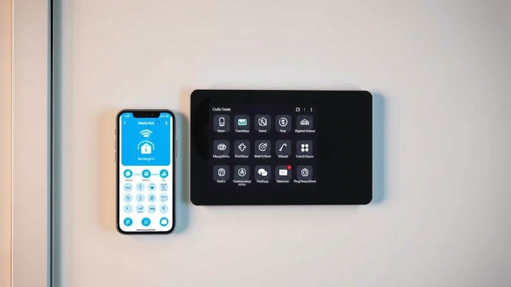 Smart home security control panel with smartphone displaying app interface, modern minimalist design, soft lighting emphasizing digital security features and cloud connectivity icons