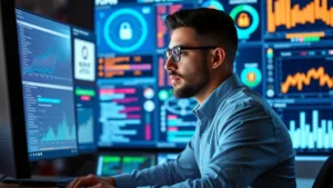 Professional cybersecurity analyst monitoring multiple digital security dashboards with real-time threat alerts and encryption indicators displayed, focused expression while reviewing data streams