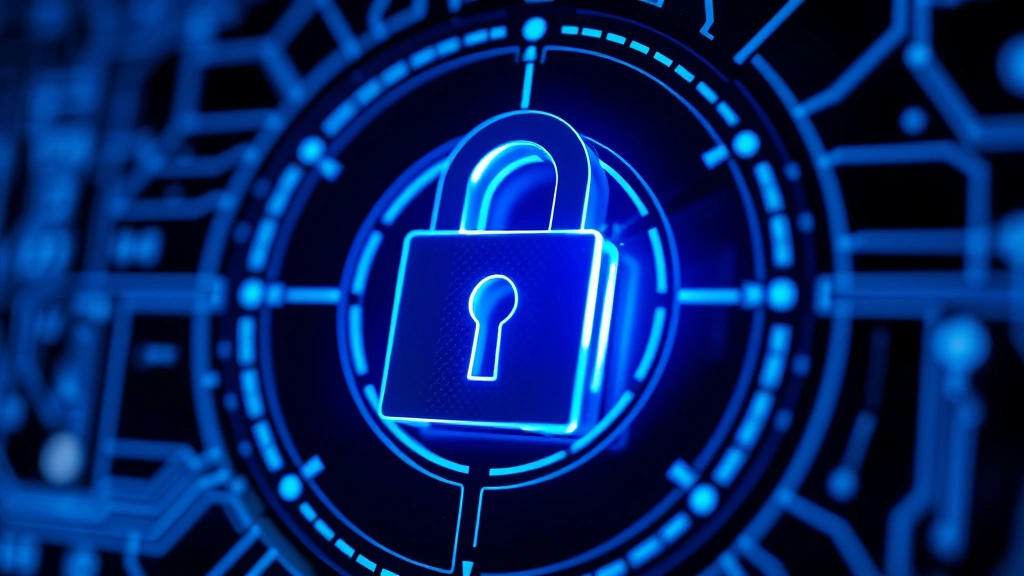 Close-up of secure digital lock mechanism with glowing blue security patterns and encrypted data visualization surrounding it, representing identity protection layers and encryption technology