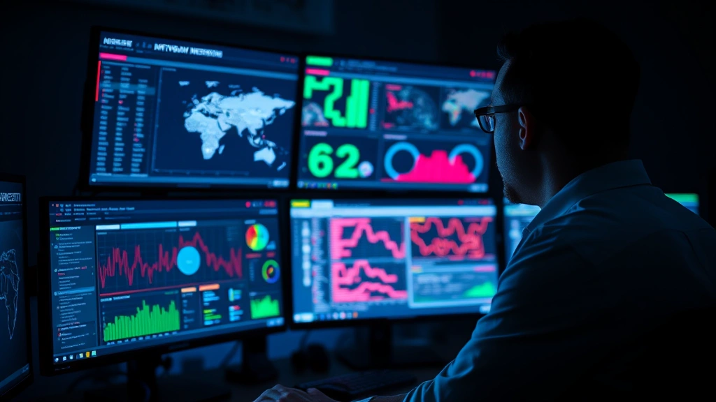 Professional cybersecurity analyst monitoring multiple screens displaying network traffic analysis and threat detection dashboards with glowing data visualizations in dark operations center
