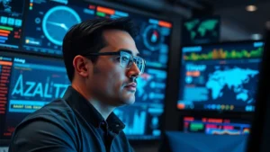 Professional cybersecurity analyst monitoring multiple digital threat dashboards in a modern security operations center with blue and amber warning indicators illuminating their focused face