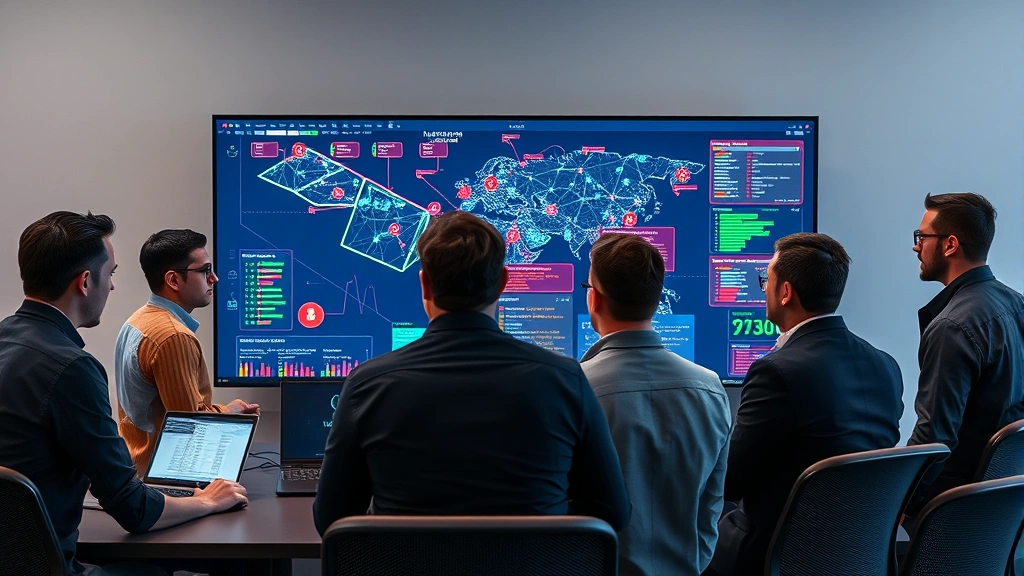 Diverse team of security professionals collaborating around a large interactive display showing network topology and threat indicators in real-time during incident response