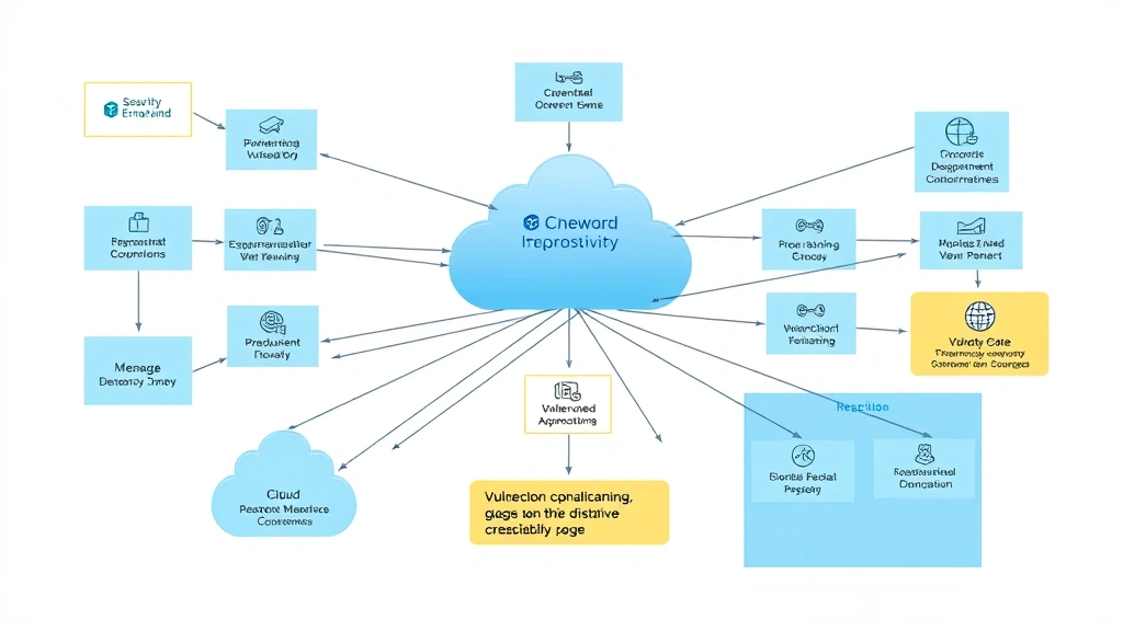 Organizational network architecture visualization showing interconnected cloud services, endpoints, and data flows with highlighted vulnerability points and security zones